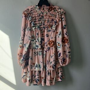 Anthropologie Women's Size Large Smocked Mini Dress Long Sleeve Floral Ruffle
